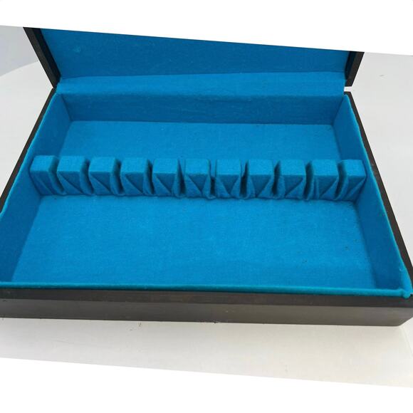 Antique Vintage Wooden Silverware Flatware Chest Blue Fabric Lined Storage Box - Picture 2 of 10